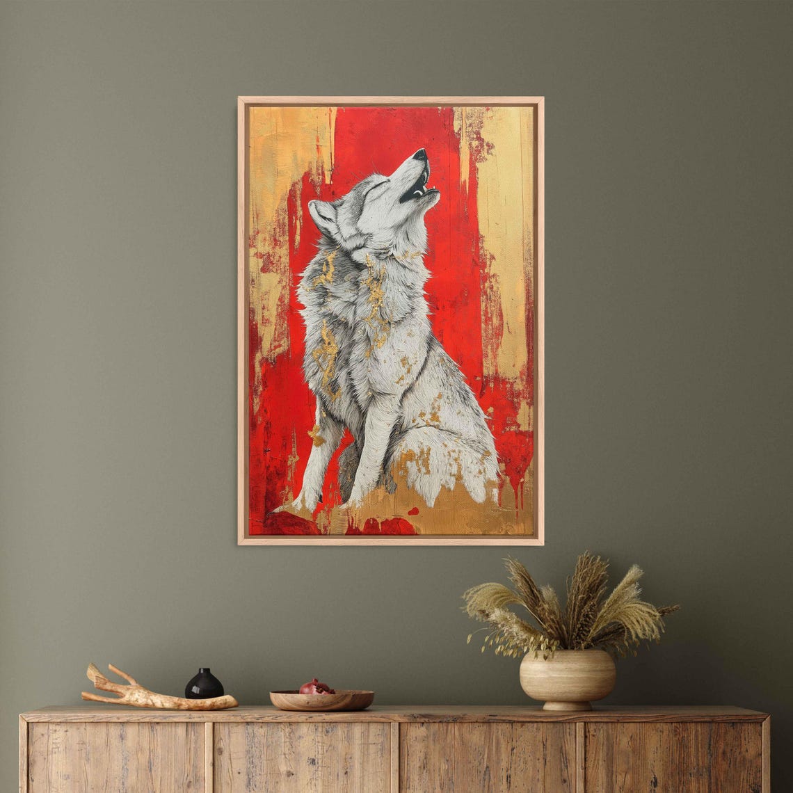Howling White Wolf Red And Gold Abstract Fluid Animal Art Poster