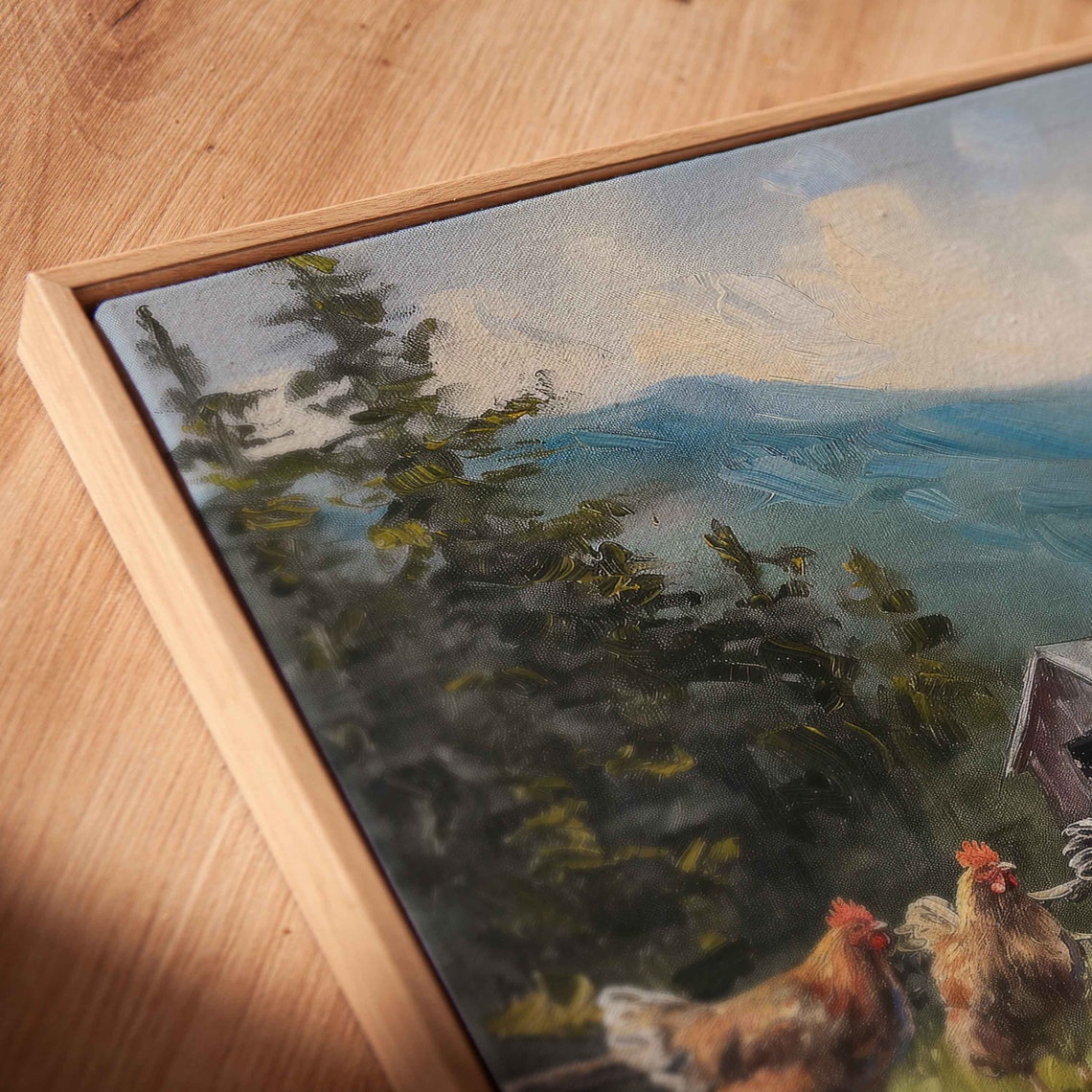Chickens Roaming Farmyard Rustic Barn Mountains Pine Forest Painting - Image 2