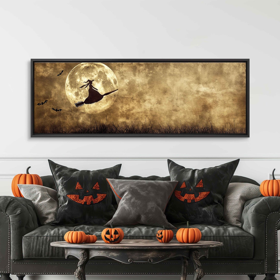Witch Riding Broomstick Across Full Moon Bats Vintage Halloween Print