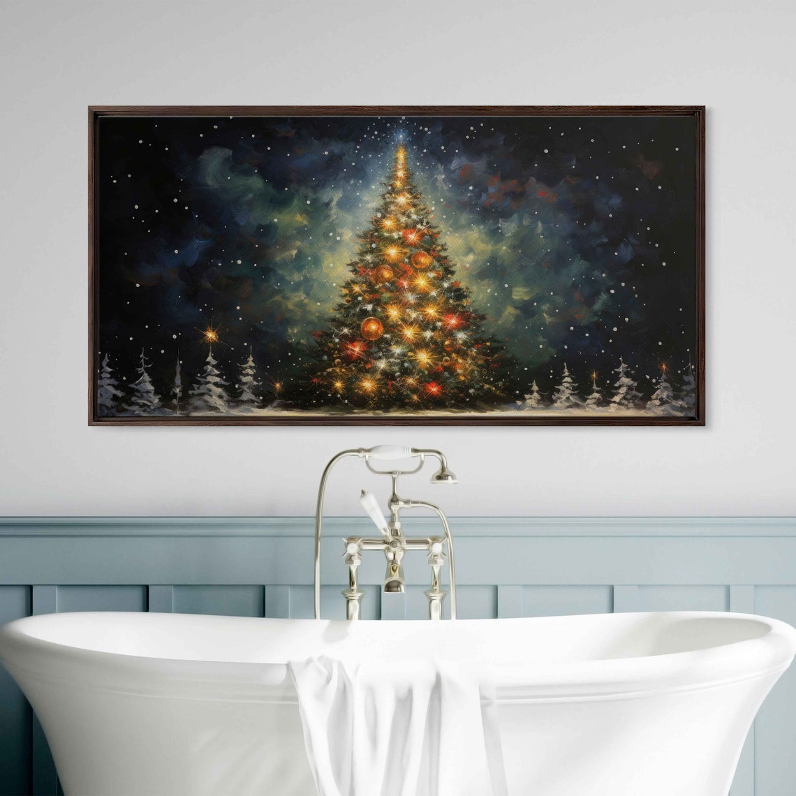 Magical Glowing Christmas Tree Dark Starry Night Painting Poster - Image 4
