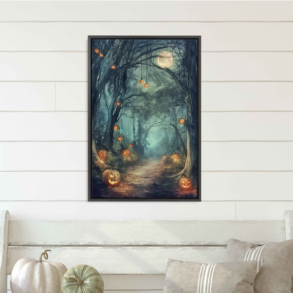 Moonlit Forest Path Hanging Glowing Jack O Lanterns Night Halloween Print