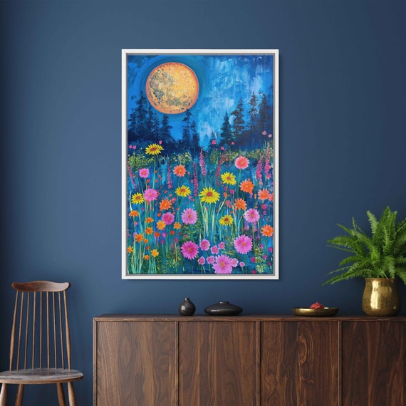 A Field Of Wildflowers Under A Full Moon Starry Night Sky Wall Art Print Mothers Day Gift Gift For Mom