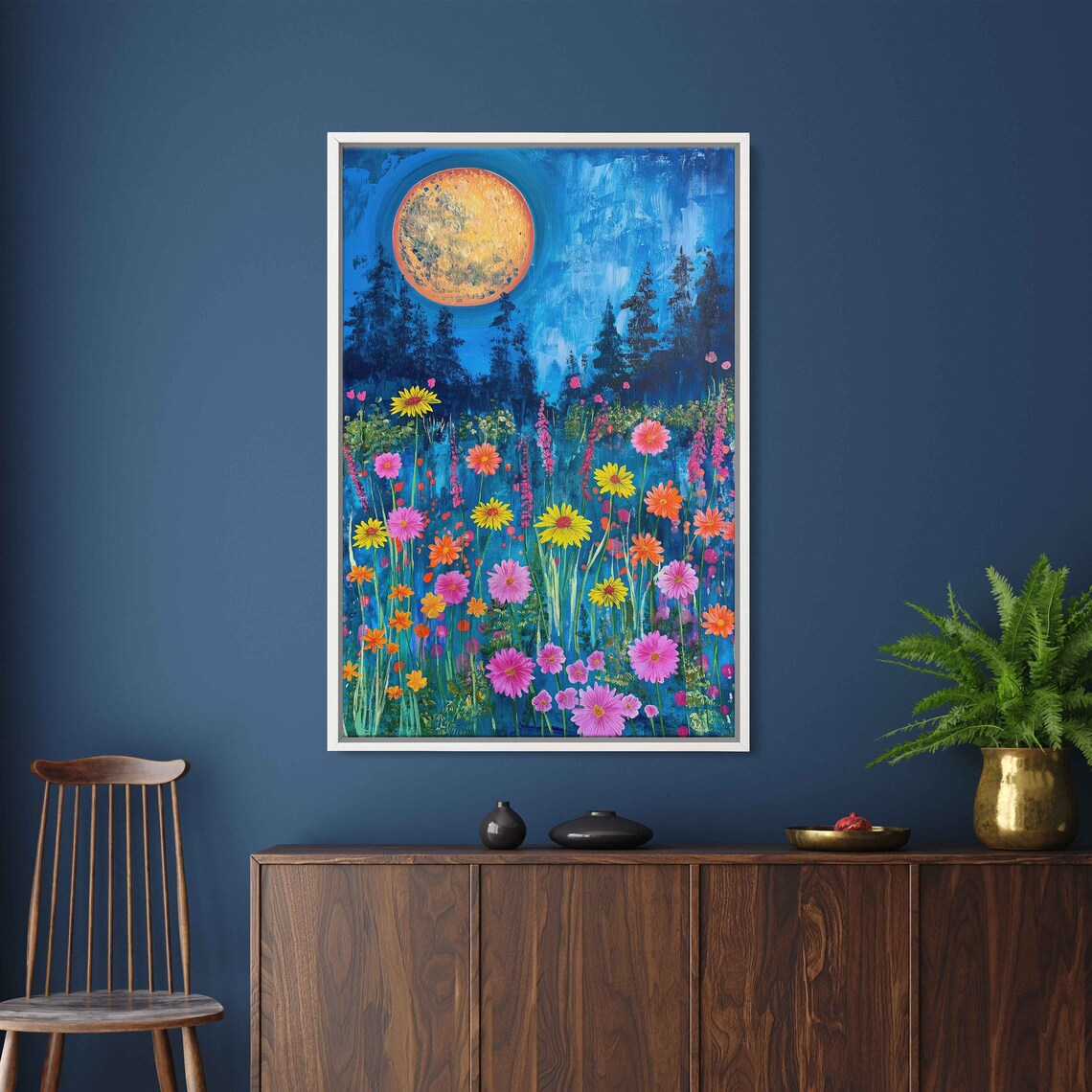 Wildflower Meadow Orange Full Moon Night Daisies Starry Sky Painting Poster