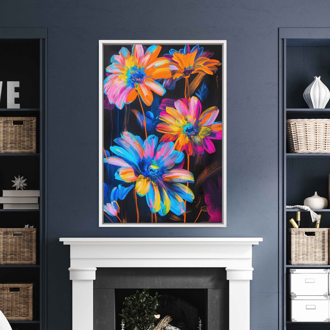 Neon Daisies Black Canvas Blue Pink Orange Blooms Painting Poster - Image 3