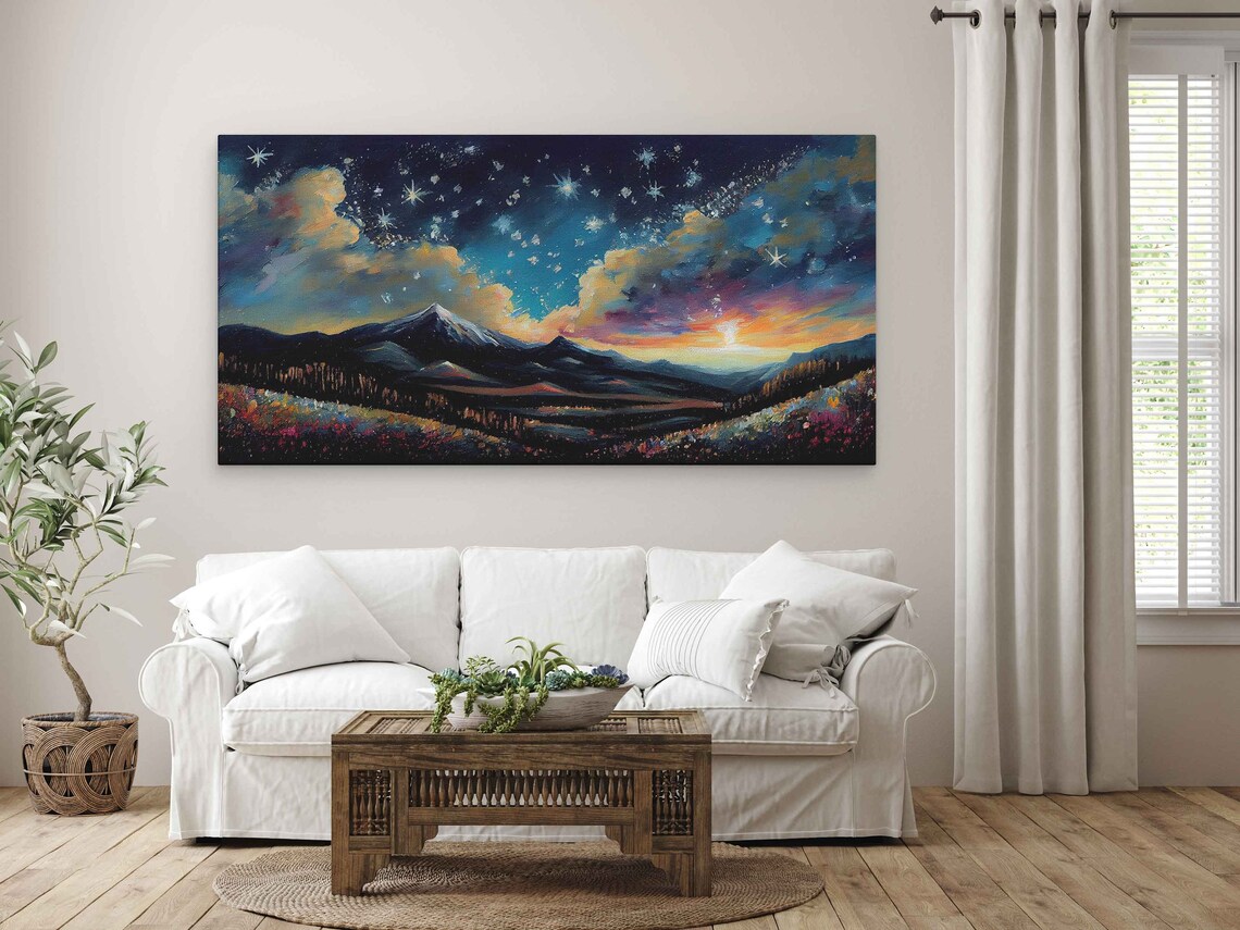 Starry Night Sky Over Snowcapped Mountains Colorful Clouds Oil Painting Travel Poster - Image 3