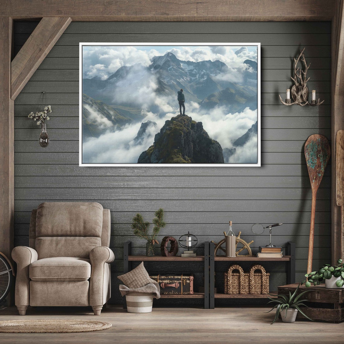 Hiker Standing On Peak Above Clouds Misty Mountain Range Poster - Image 3