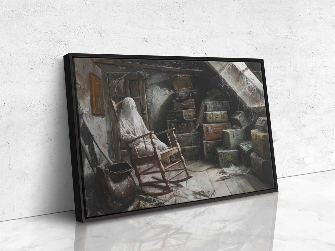 Ghost In Rocking Chair Dusty Attic Old Suitcases Haunted House Print - Image 4