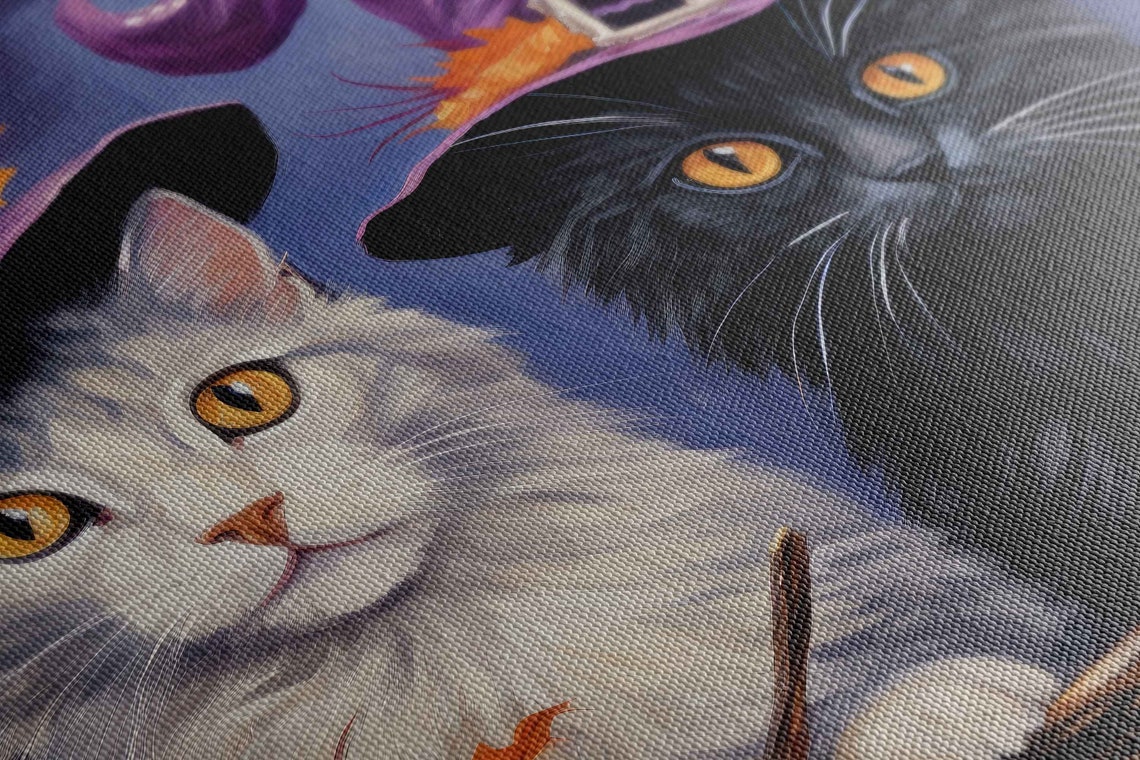 Cute Halloween Cat Wizards Oil Painting Framed Reproduction Print Ready To Hang - Image 2
