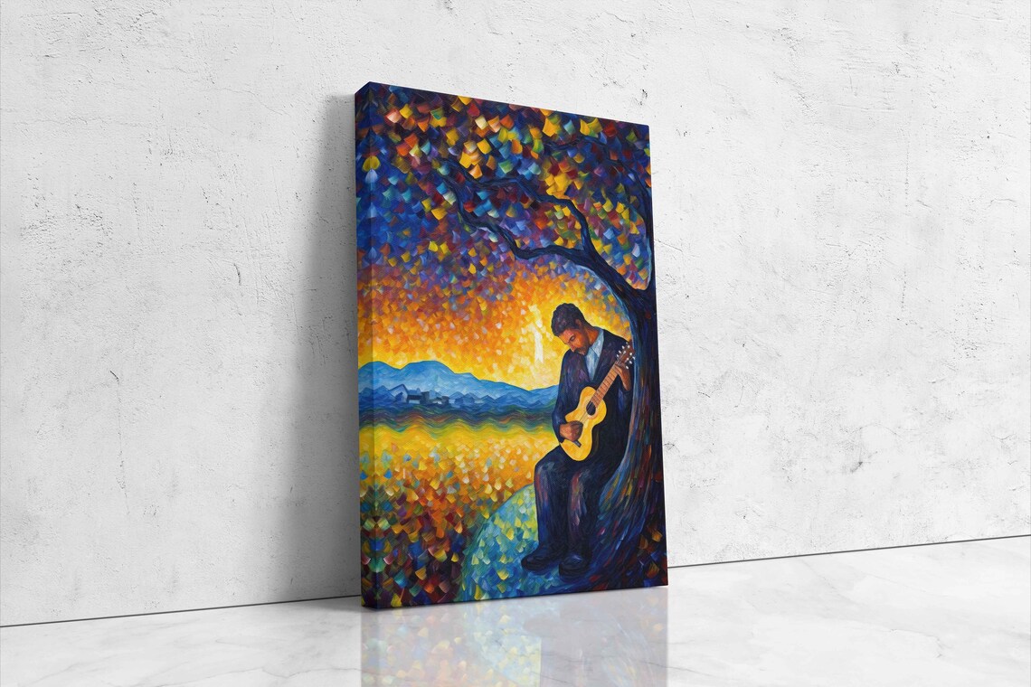 Guitar Man Playing Acoustic Guitar Under Mosaic Tree At Sunset Art Poster - Image 4