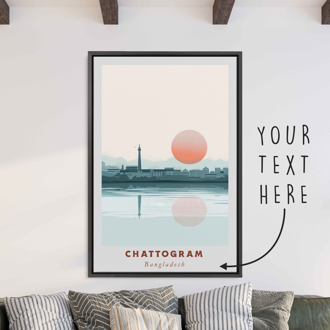 Chattogram Bangladesh Waterfront Skyline Red Sun Travel Poster