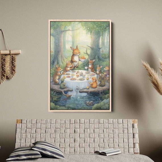 Watercolor Bunnies Having Tea Wall Art Print Forest Animal Gathering Party Ready To Hang