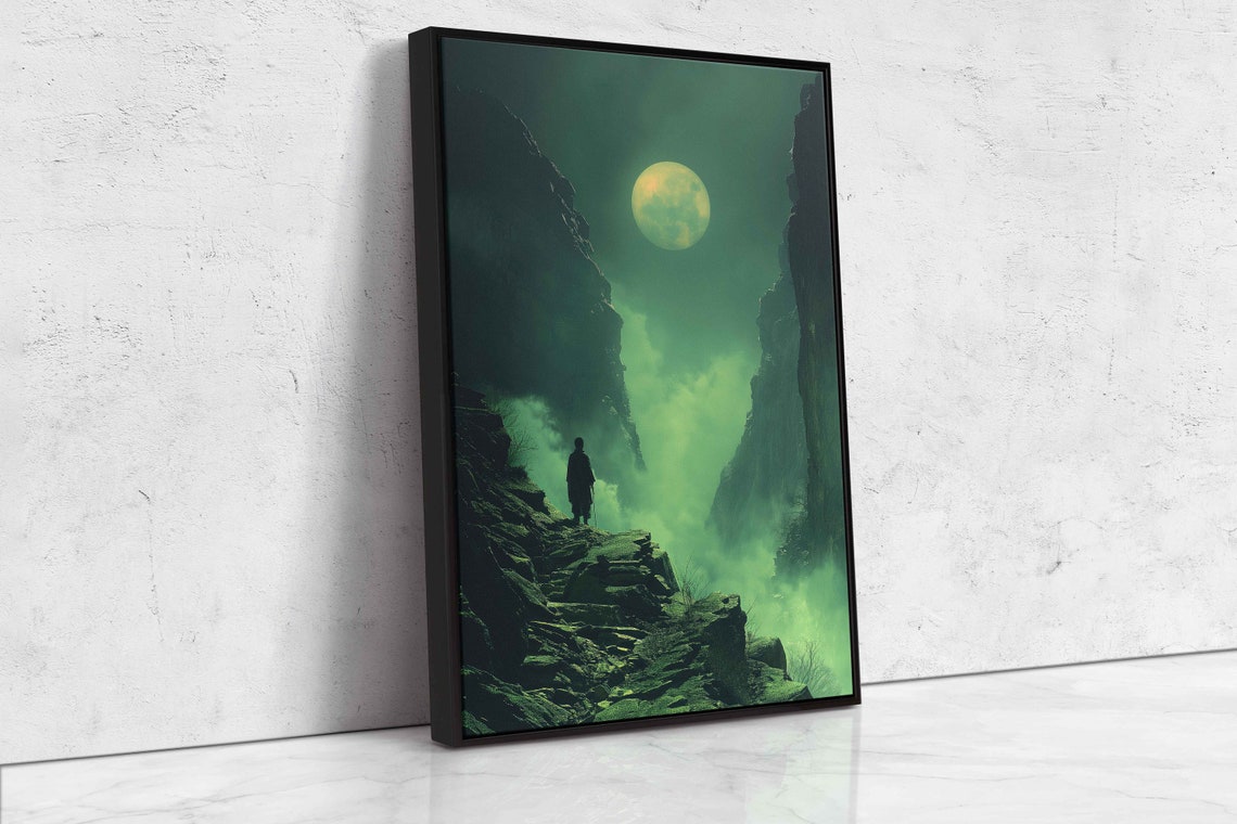 Monk Silhouette On Foggy Cliff Under Full Moon Mystic Art Poster - Image 4