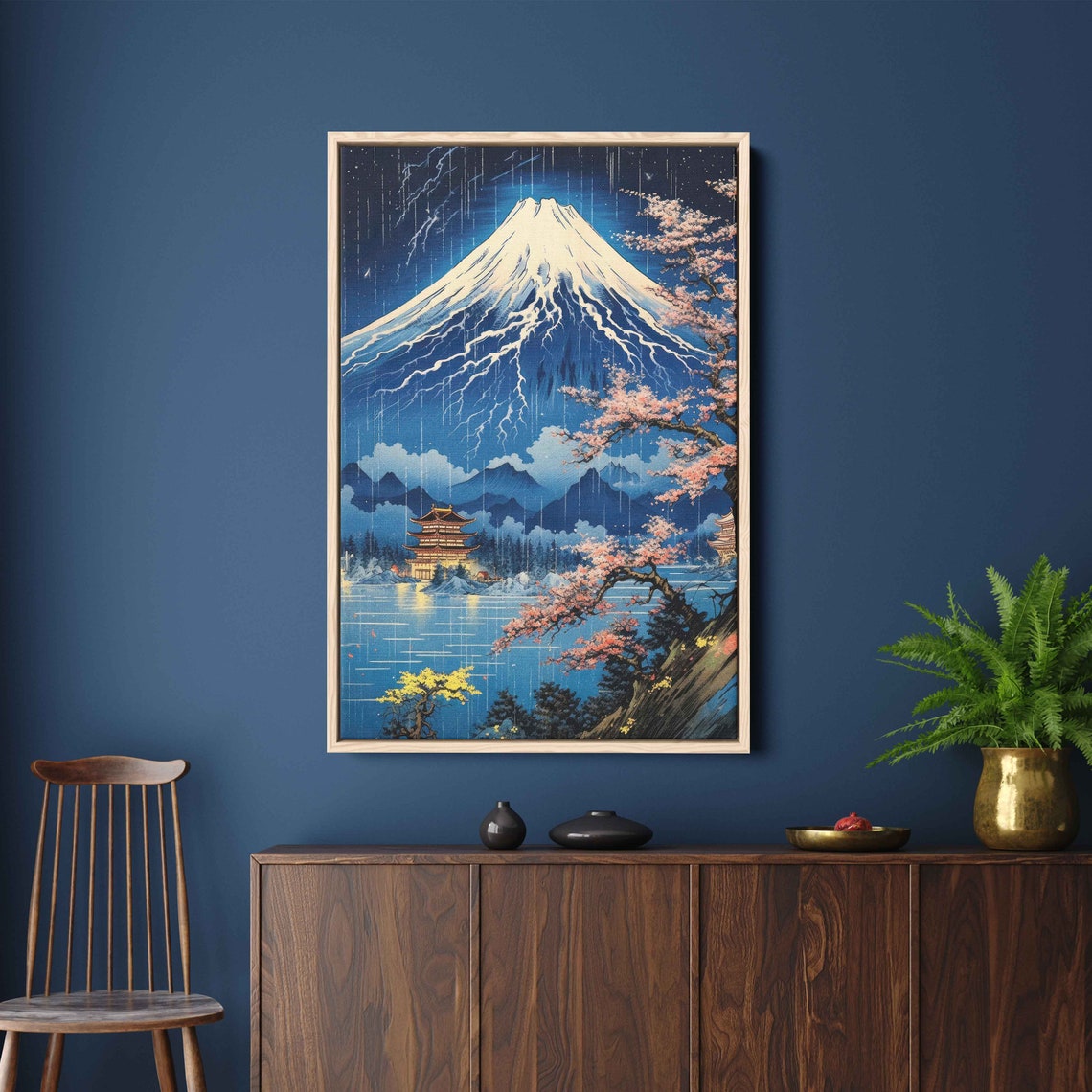 Mount Fuji Ukiyo E Lightning Cherry Blossom Pagoda Japan Art Print - Image 3