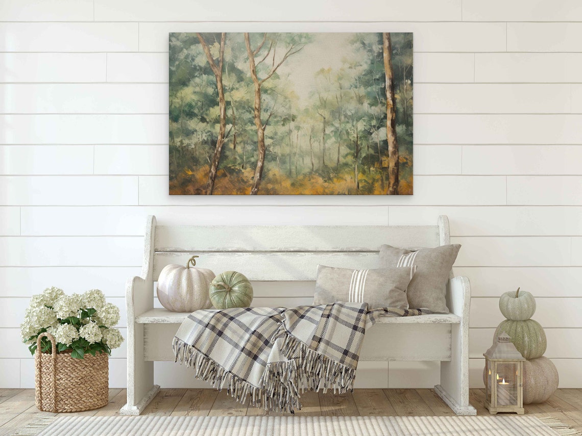 Misty Forest Grove Soft Green Gold Trees Morning Light Poster - Image 2