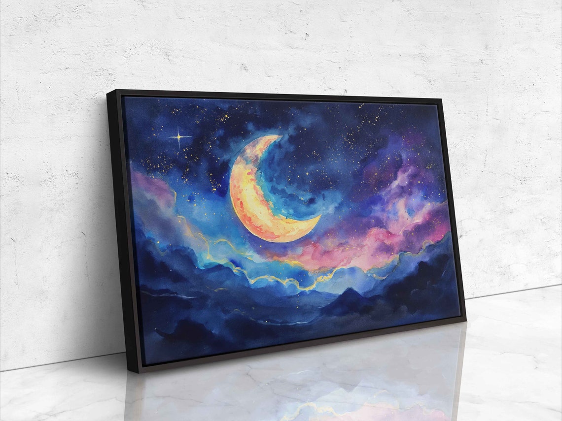Moon In Star Filled Night Sky With Clouds Painting Framed Print Ready To Hang - Image 4