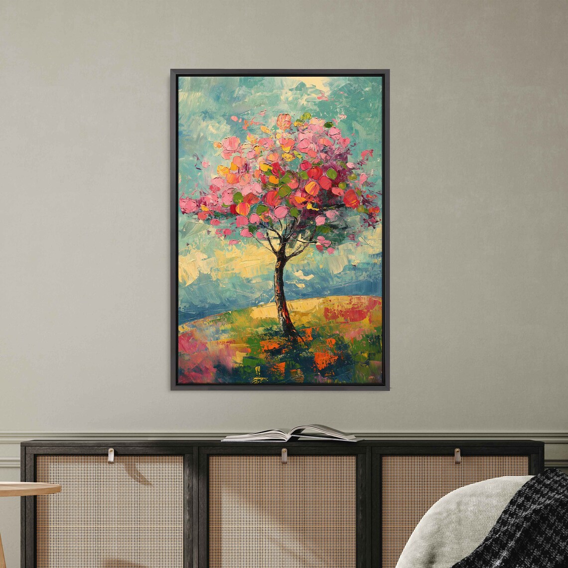 Vibrant Pink Tree Painting Lush Greenery Cloudy Blue Sky Wall Art Print Ready To Hang - Image 3