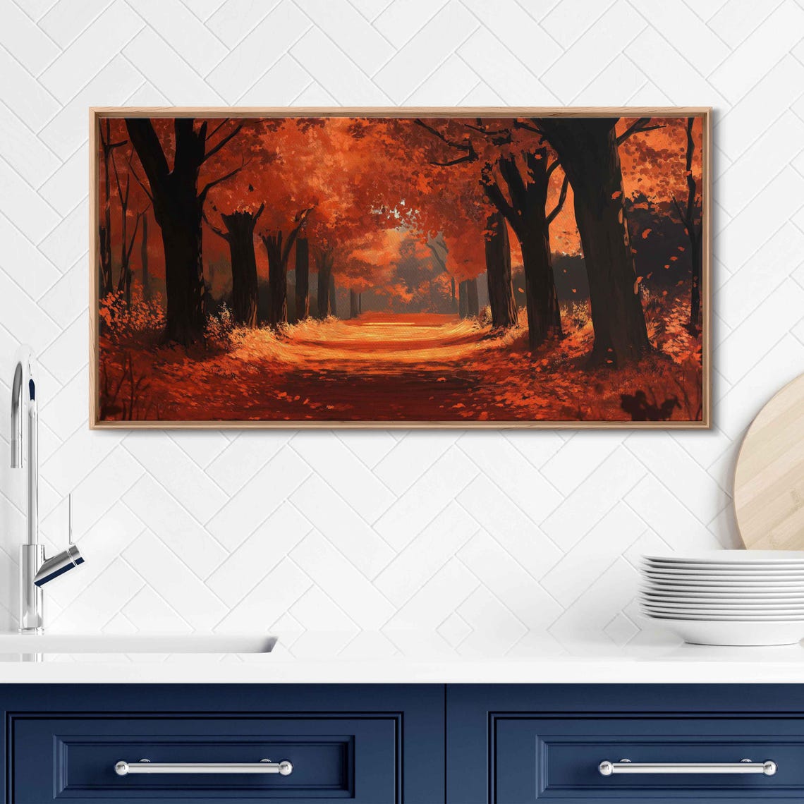 Rustic Painting Of A Red Autumn Forest Path At Golden Dusk Poster