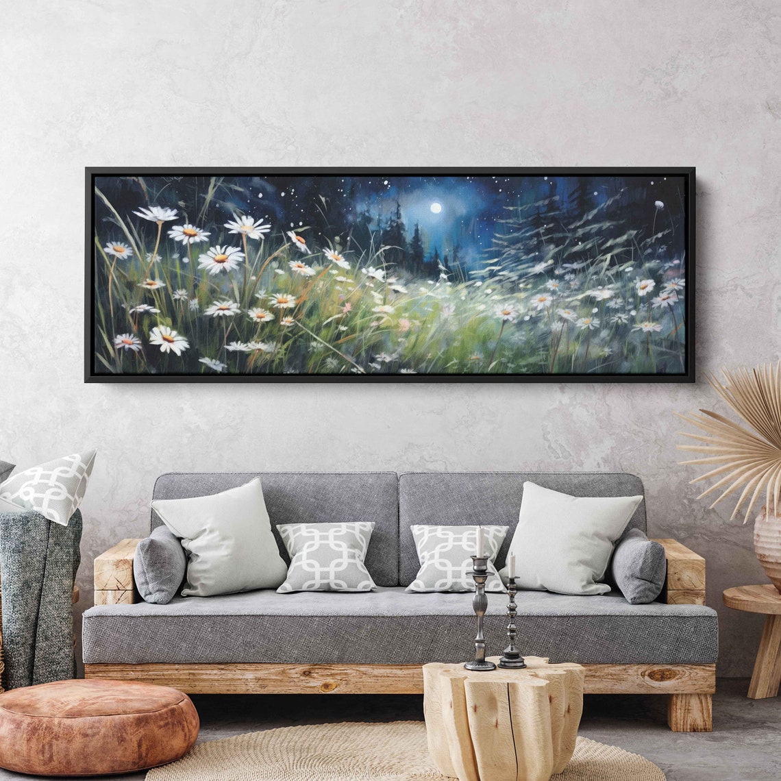 Wild Daisies Moonlit Meadow Night Panoramic Flower Field Art Print