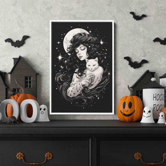 Celestial Witch White Cat Full Moon Stars Black White Halloween Wall Art Print