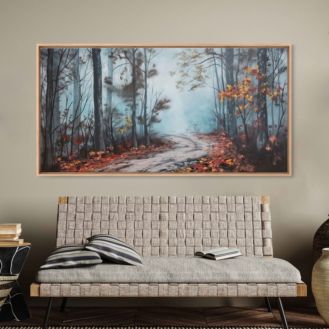 Misty Forest Trail With Red Fall Foliage Morning Light Painting Poster - Image 3