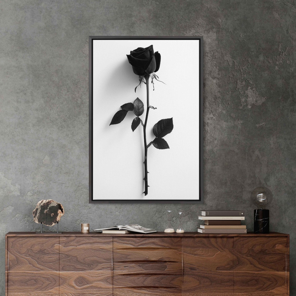 Single Black Rose Stem Monochrome Minimalist Flower Art Poster