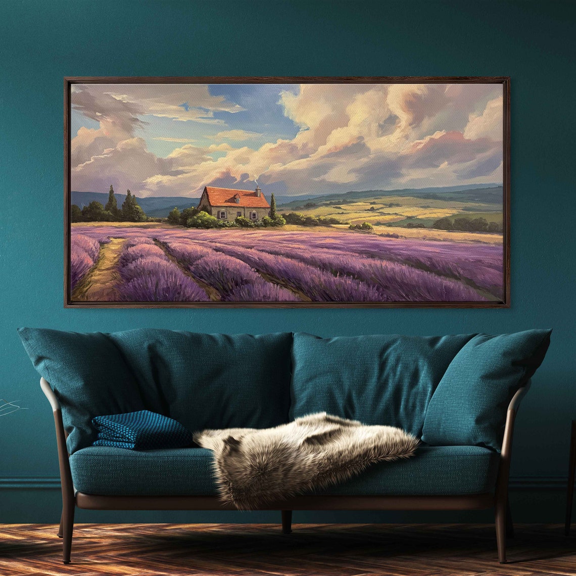 Lavender Field Country House Blooming Rows Sunset Sky Painting Poster - Image 2