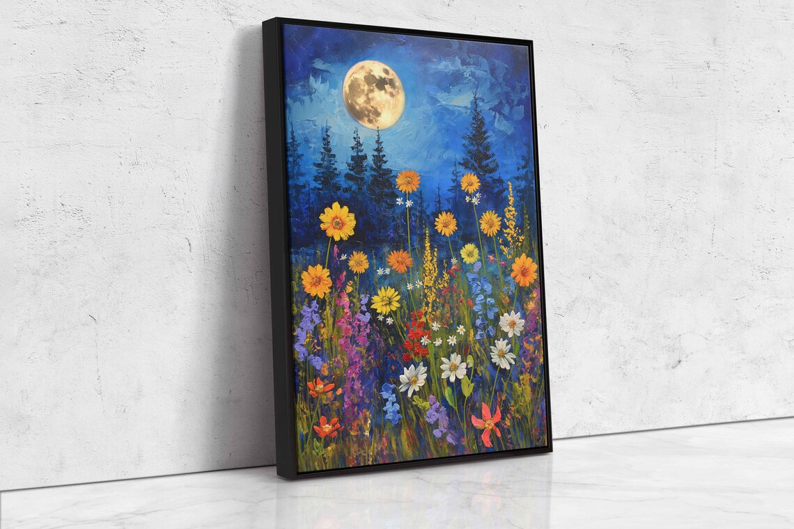 Moonlit Wildflower Meadow Full Moon Blooming Sunflowers Night Sky Poster - Image 4