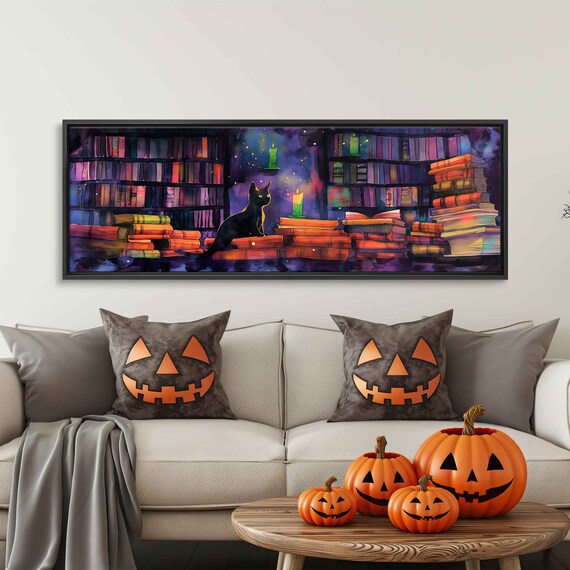 Black Cat Sitting Among Colorful Bookshelves Candlelight Poster