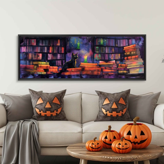Black Cat Sitting On Books In Witches Library Wall Art Print Starry Night Sky Candlelight Ready To Hang