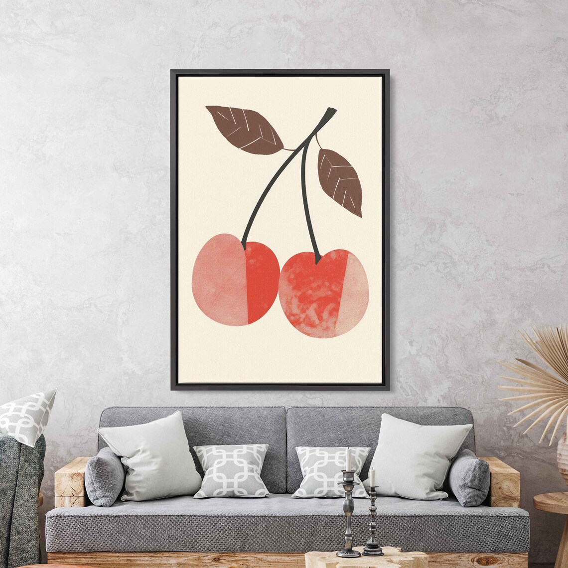 Minimalist Cherry Pair Brown Leaves Retro Fruit Illustration Art Poster - Image 2