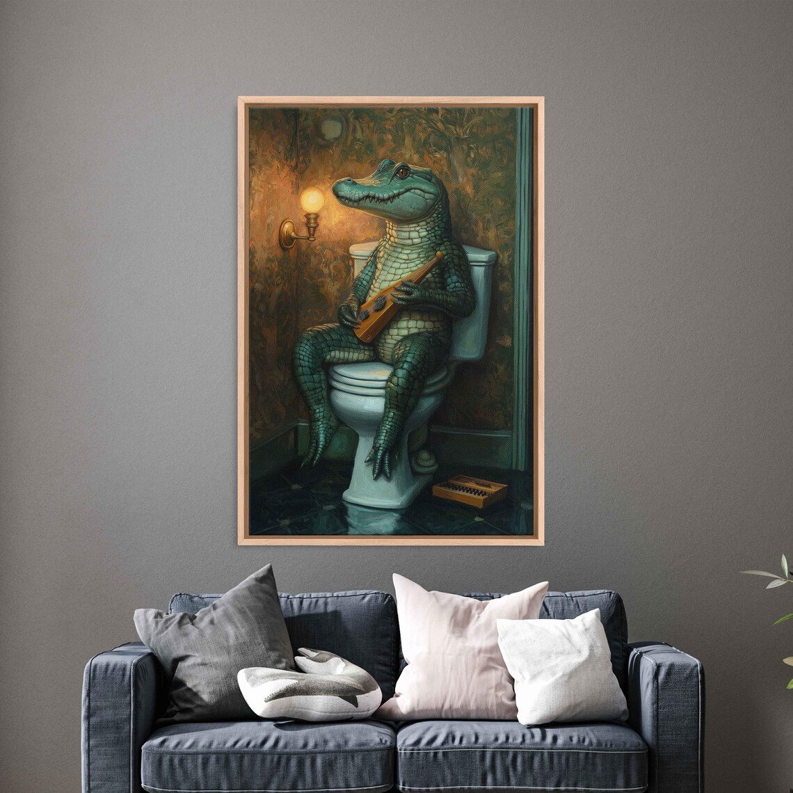 Whimsical Crocodile Playing Harmonica, Vintage Retro Bathroom Decor