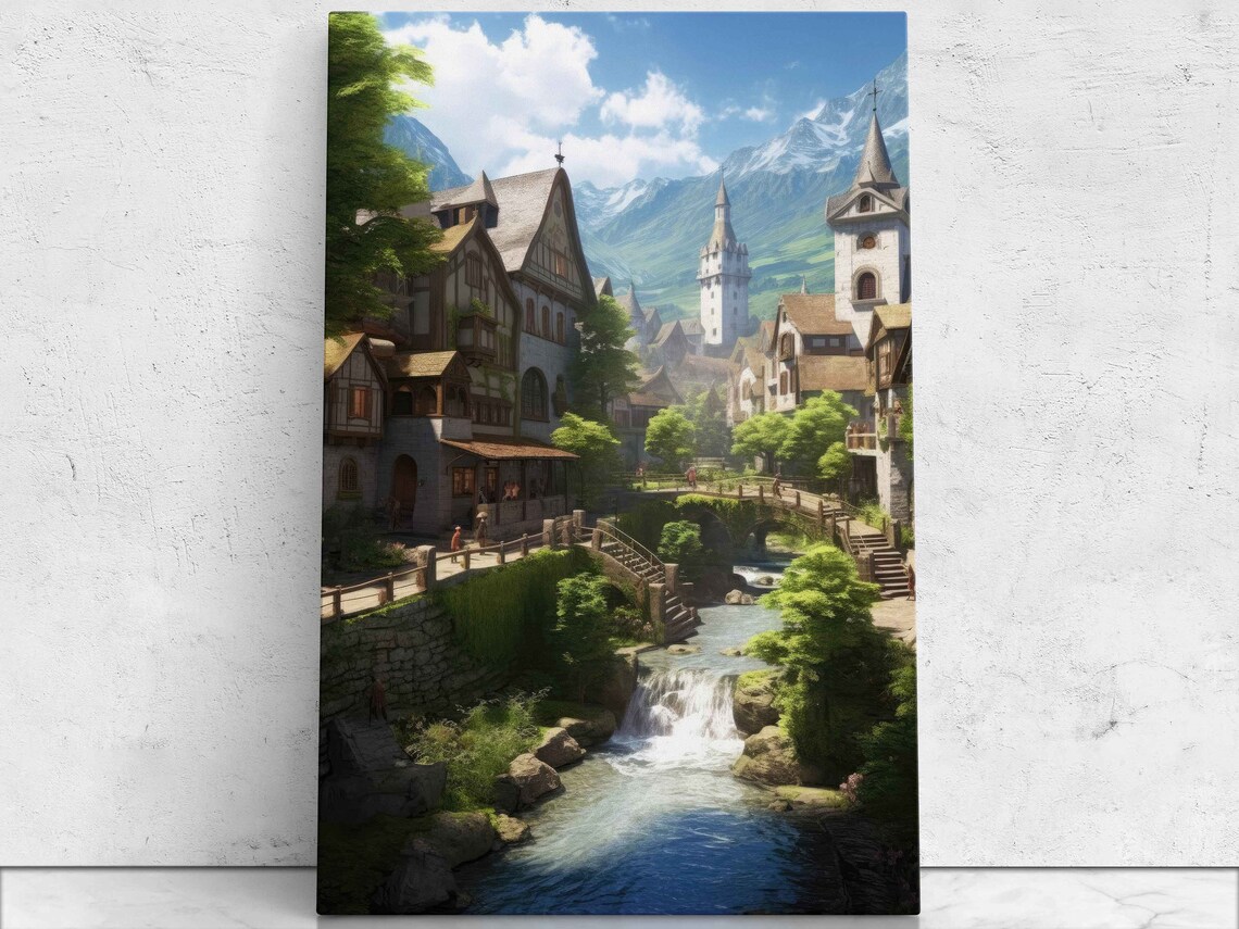 Medieval Village Fantasy Art Framed Print Game Room Decor Gift For Gamer