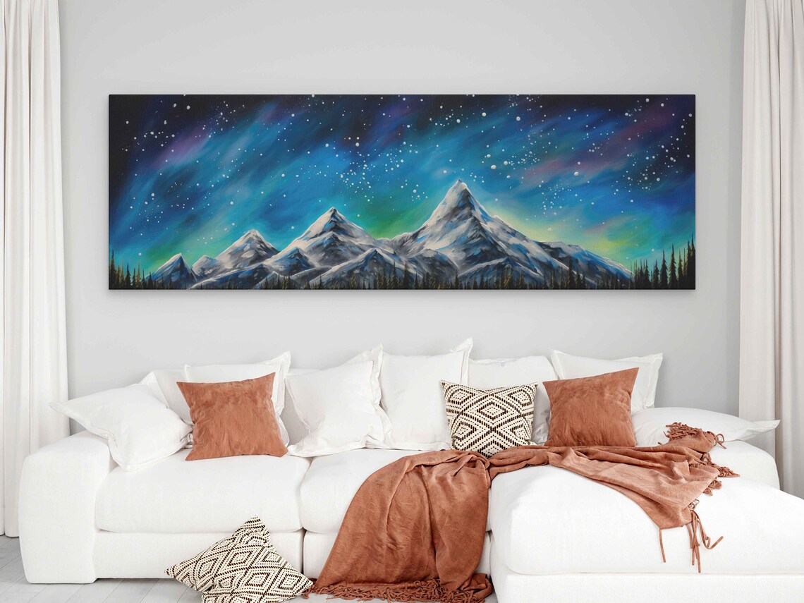 Snowy Mountain Peaks Under Northern Lights Starry Night Panorama Poster - Image 2