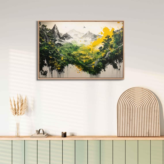 Fantasy Landscape Mural Wall Art Print Nature Meets City Life Vivid Colors Bold Design