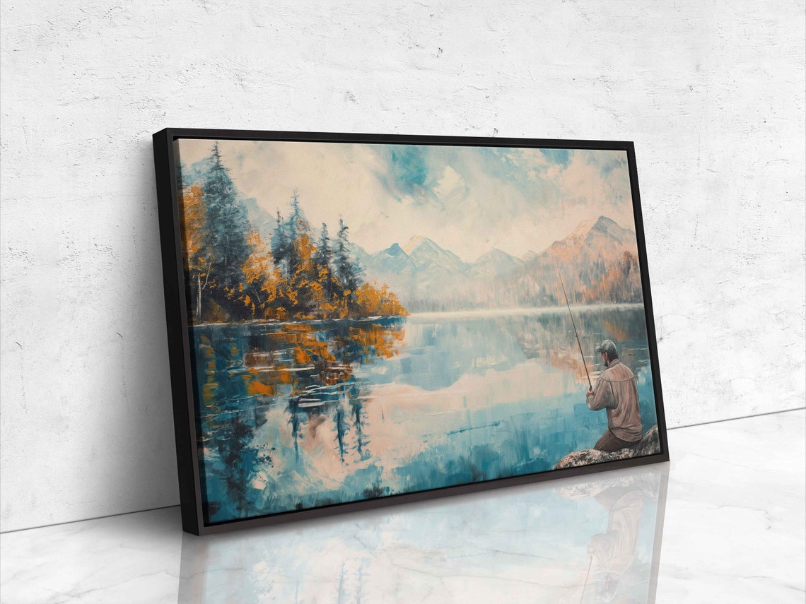 Lone Fisherman on Autumn Lake Shore Mountain Reflections Art Poster - Image 4