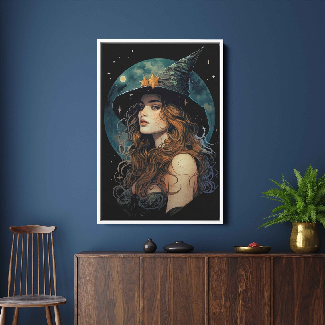 Celestial Witch Star Hat Full Moon Copper Hair Portrait Halloween Art Print - Image 3