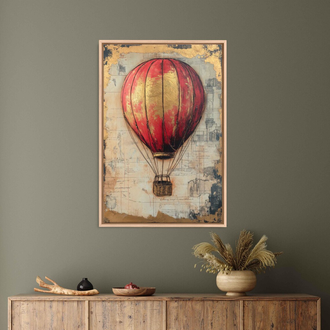 Vintage Red Gold Hot Air Balloon Aged Map Whimsical Travel Art Poster