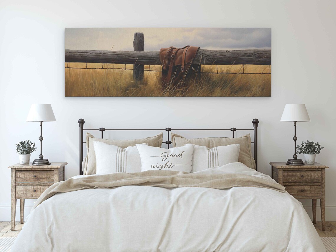 Leather Saddle Hanging on Wooden Fence Golden Prairie Field Print - Image 3