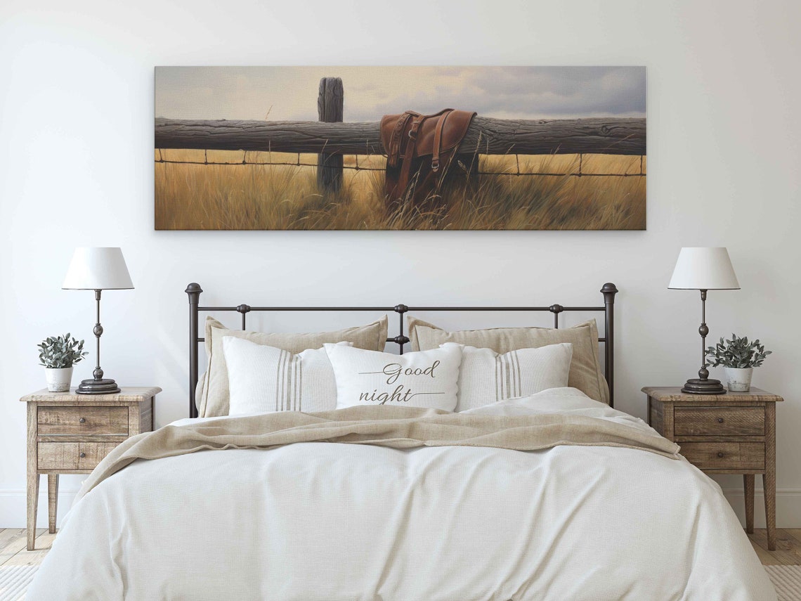 Saddle Hanging Over Fence Panoramic Wall Art Canavs Reproduction Print Ready To Hang Minimalist Rustic Wall Art - Image 3