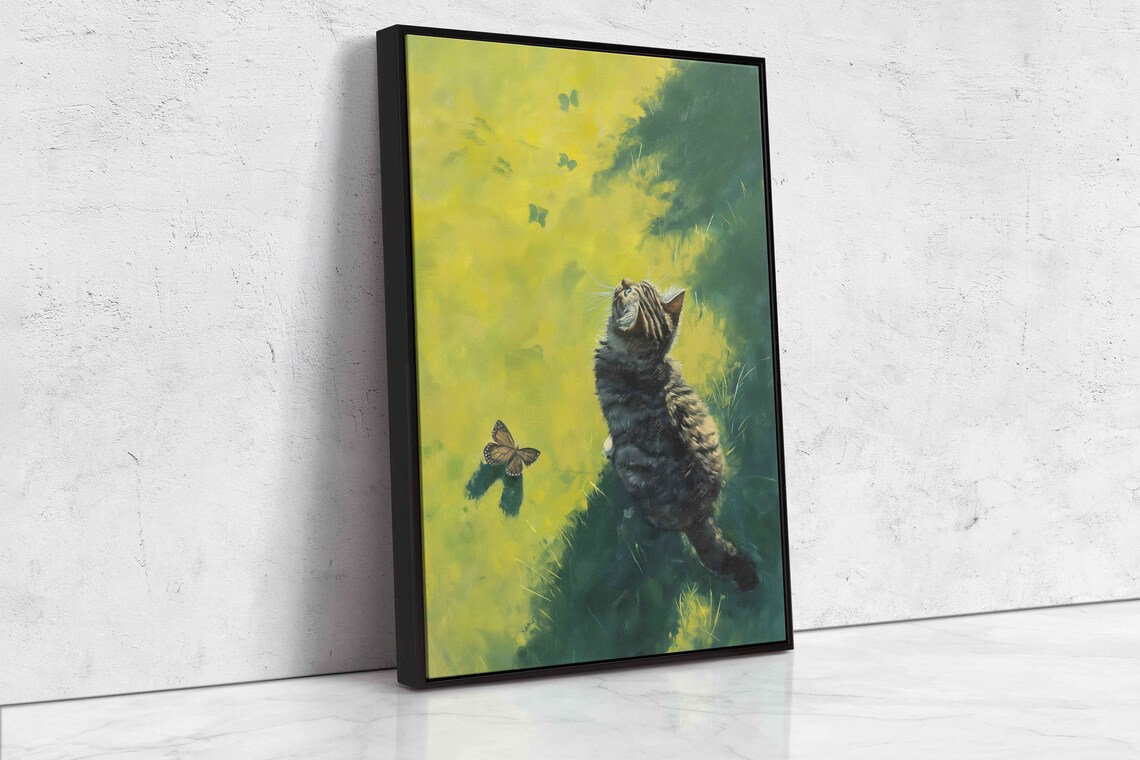 Playful Tabby Kitten Butterfly Sunny Meadow Garden Painting Cat Wall Art Print - Image 4