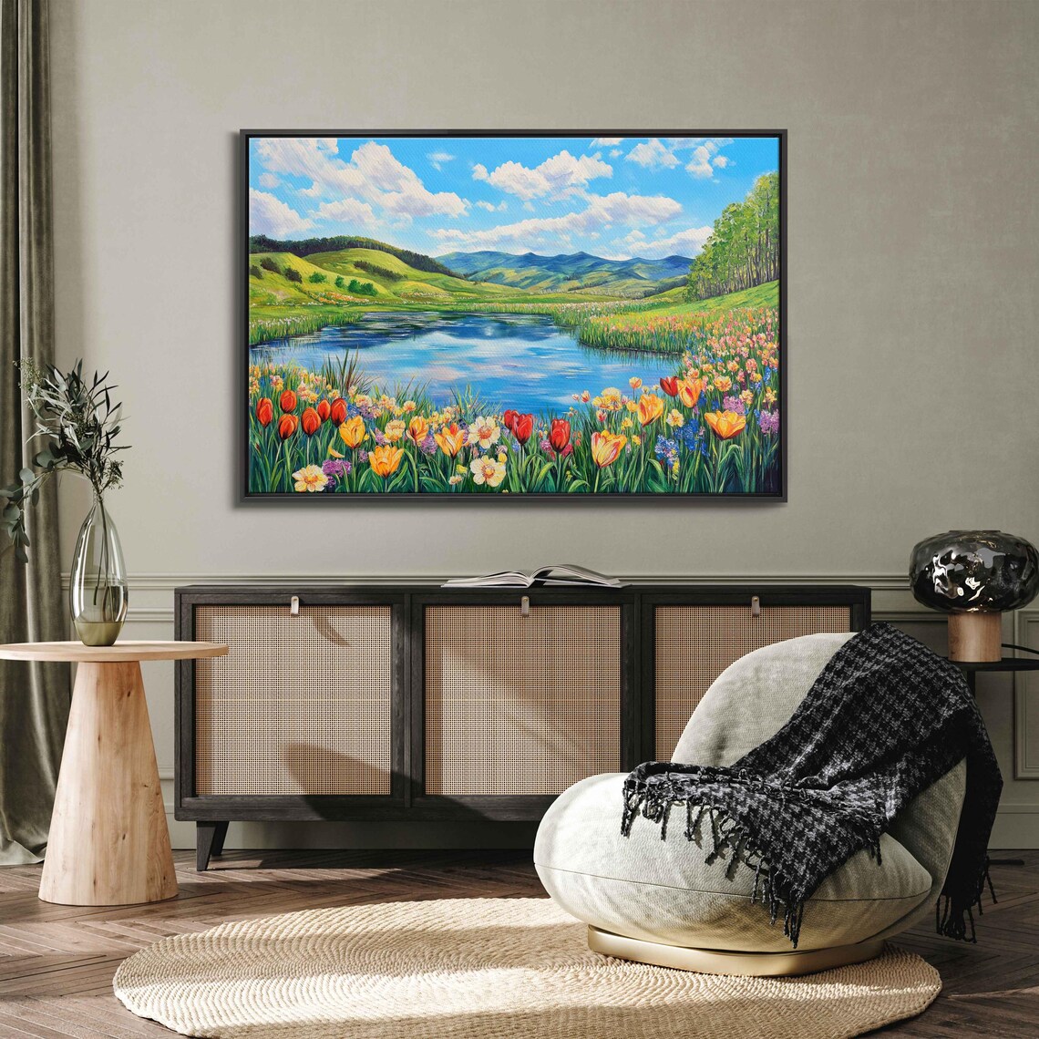 Tulip Meadow Blue Lake Mountain Hills Spring Flowers Scenic Poster