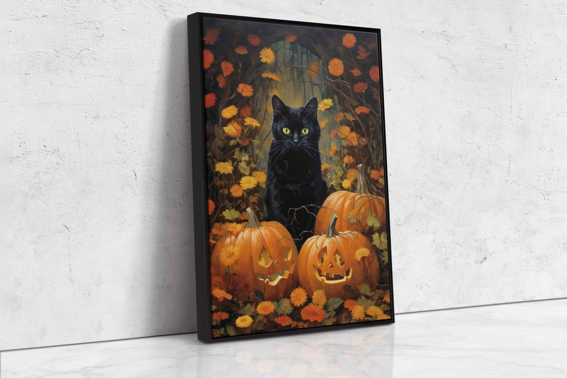 Halloween Black Cat With Pumpkins Autumn Garden Fall Floral Print - Image 4