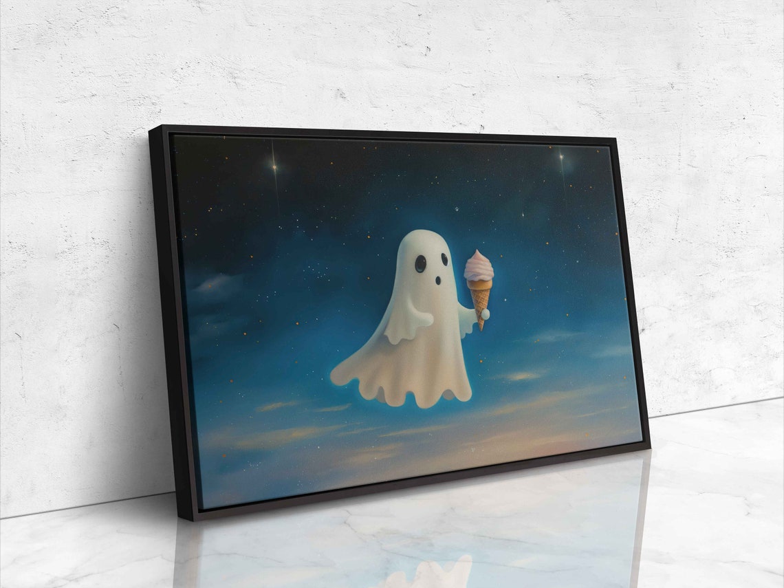 Friendly Ghost Eating Ice Cream Cone Starry Night Halloween Art - Image 4