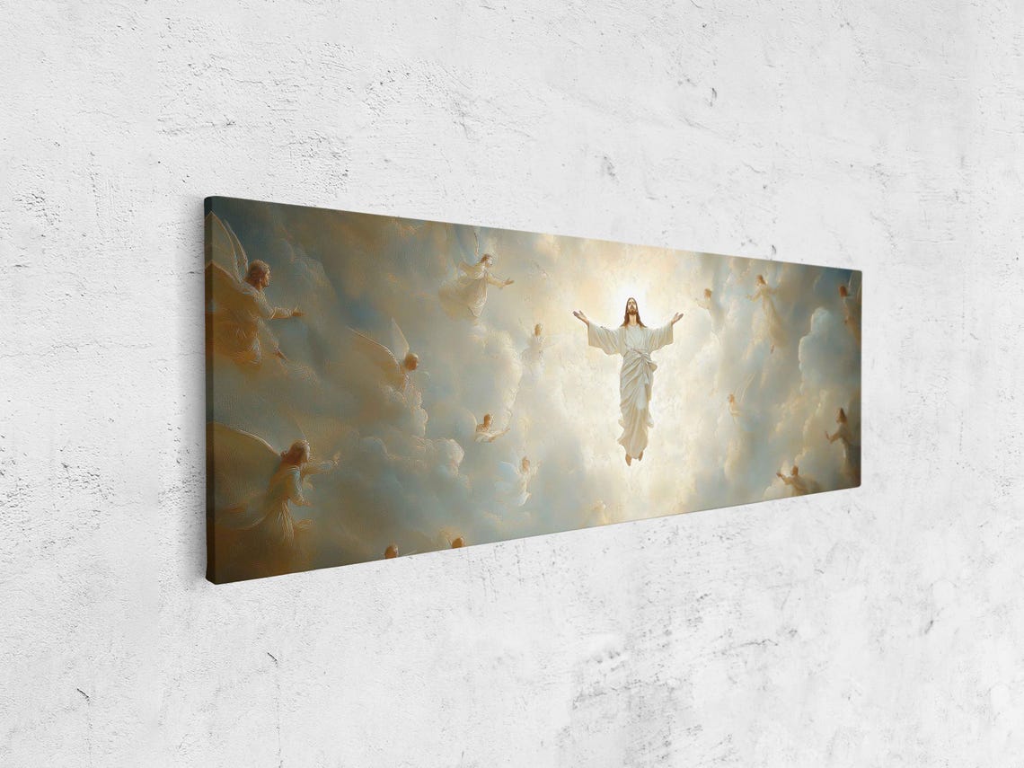 The Ascension Of Jesus With Angels In Soft Clouds Panoramic Art Poster - Image 4