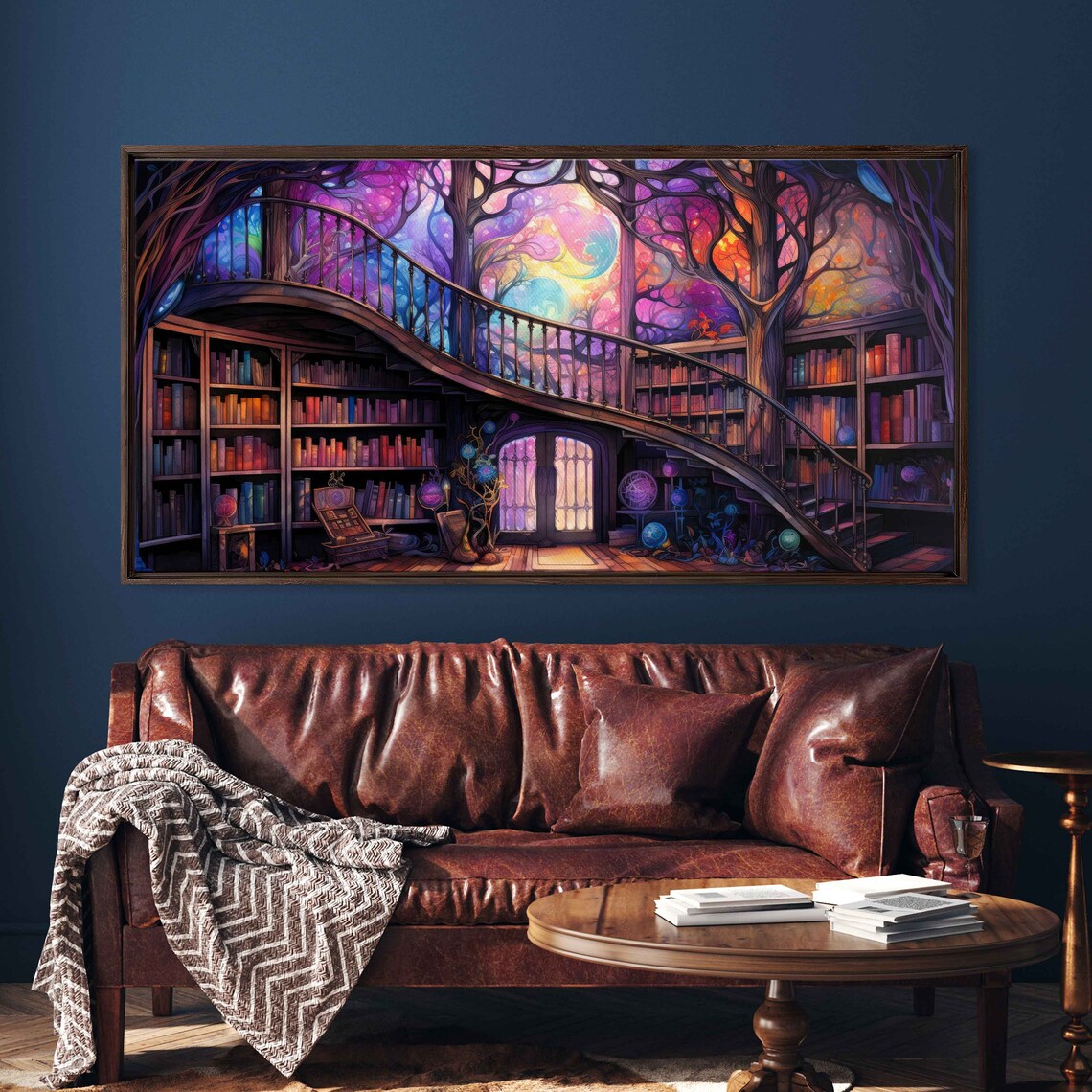 Magical Treehouse Library Winding Branch Staircase Glowing Lights Fantasy Print