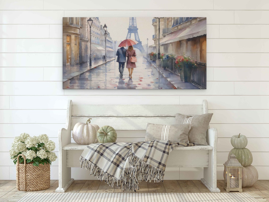 Paris Rainy Street Eiffel Tower Couple Pink Umbrella Watercolor - Image 2