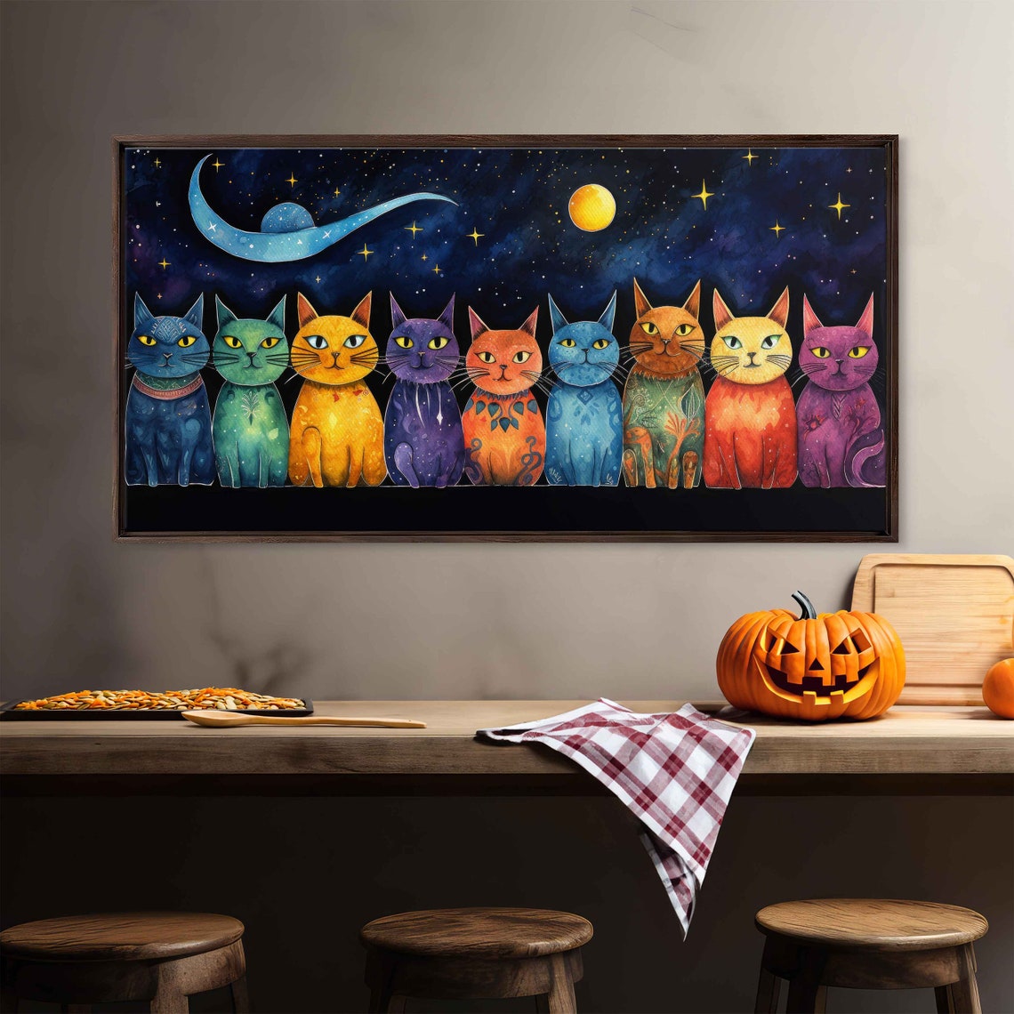 Whimsical Colorful Cats Crescent Moon Starry Night Panoramic Art Print - Image 2