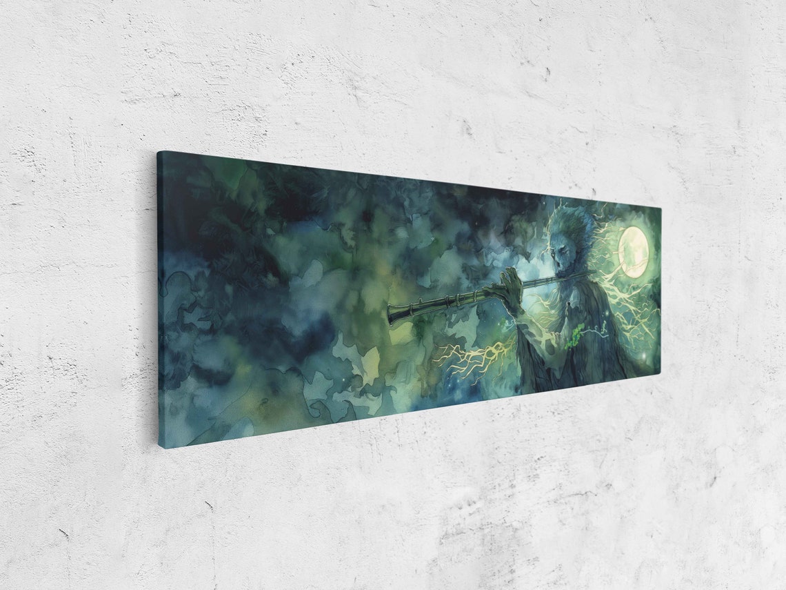 Mystical Forest Spirit Playing Flute Moonlit Night Clouds Poster - Image 4