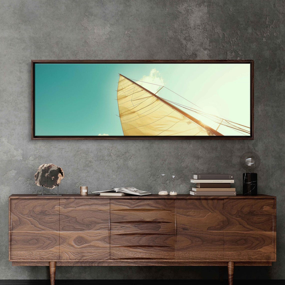 Golden Sunset Sail Close-Up Panoramic Nautical Wall Art Print