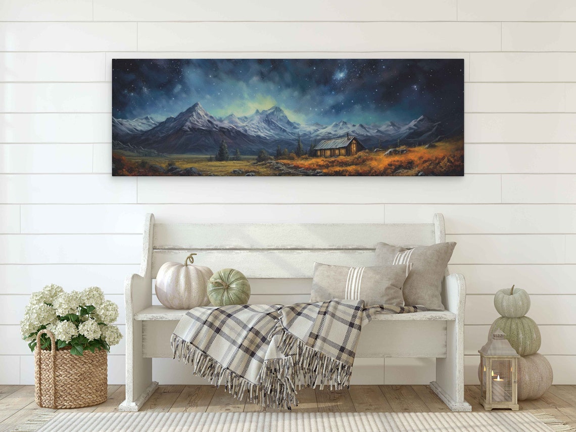 Tiny Cabin in Meadow Starry Night Aurora Snowy Peaks Art Poster - Image 2